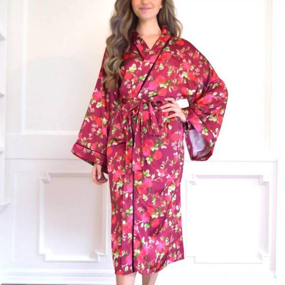 NEW 8 OAK LANE floral satin robe in burgundy - Picture 1 of 3